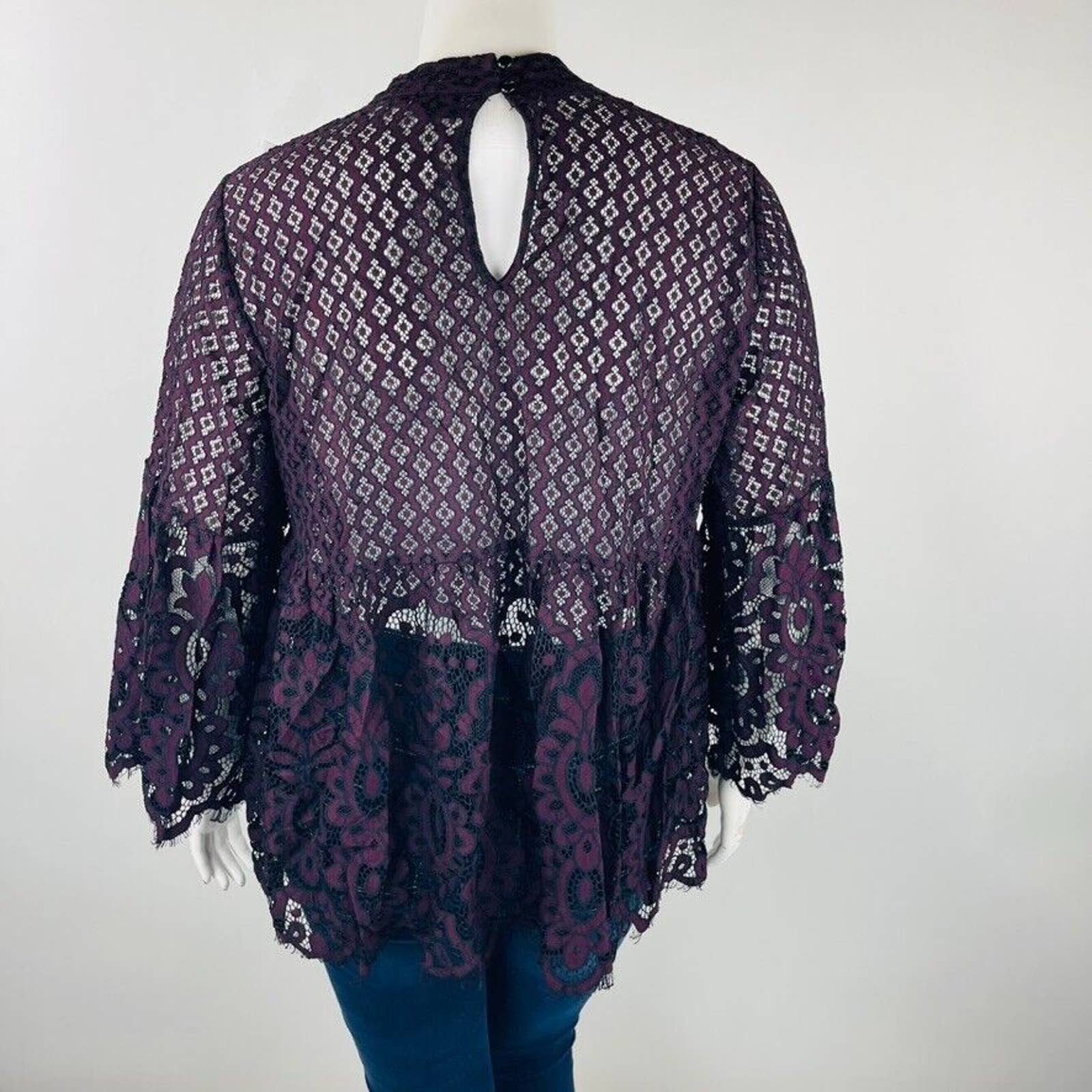 Lane Bryant Womans Sz 18 Plus Blouse Top Floral Maroon Black Floral Lace — image 6 of 8